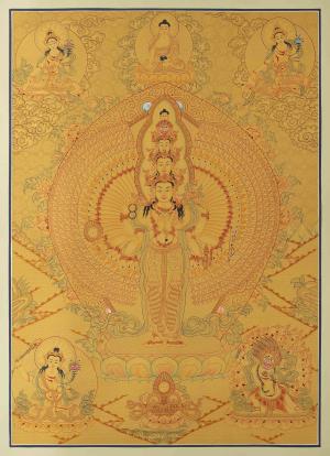 Full Gold Lokeshvara Thangka with White Tara, Buddha, Green Tara, Manjushri, and Vajrapani | Guardian of Infinite Compassion